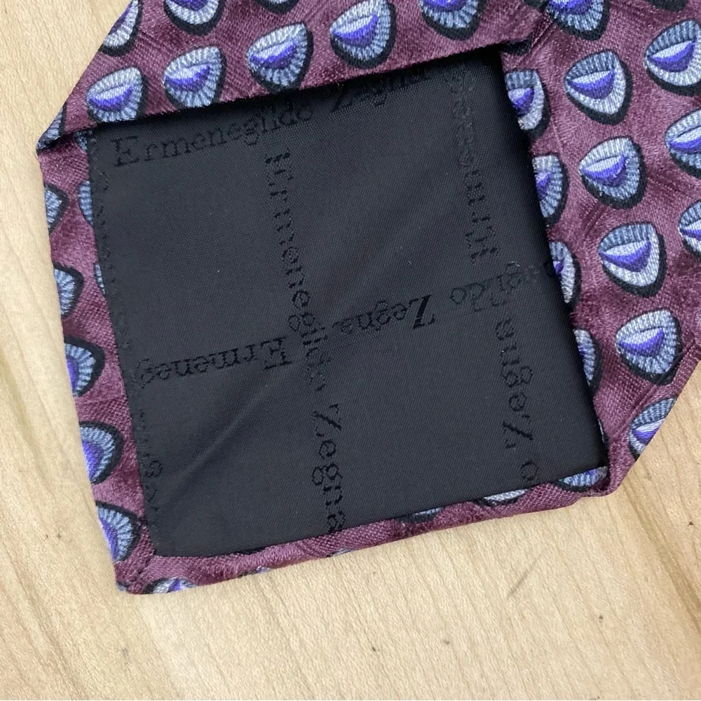 Ermenegildo Zegna Mens Tie Woven 100% Silk Purple Grey Geometric‎ Abstract Print